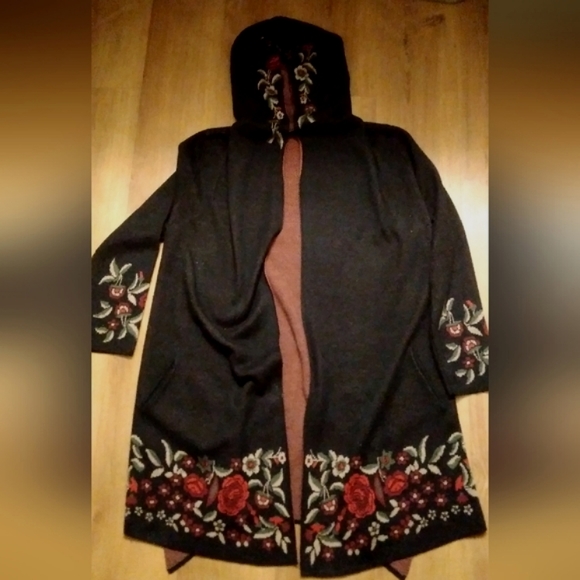BCBG max sport lack floral duster wool blend large pockets hood open sweater - Picture 2 of 5